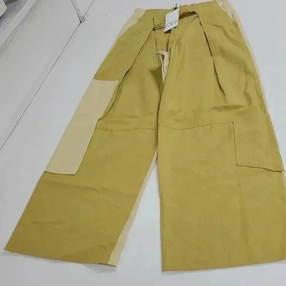 ZARA TAPERED FIT POCKETED PANTS PATCHWORK FULL LENGTH OLIVE GREEN - Picture 4 of 12